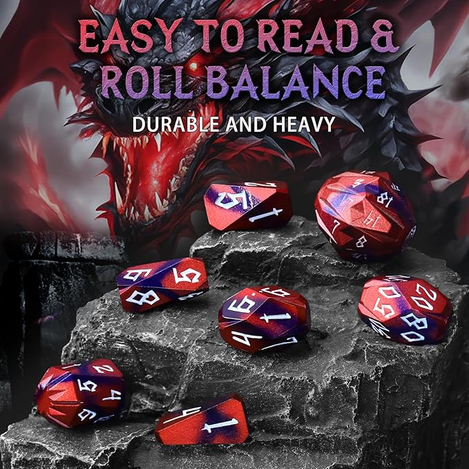 Metal Dice Set D and D for Dungeons and Dragon, Metal Polyhedral DND Dice with Cardboard Box Unique Cool RPG Dice for Role Playing Tabletop Games Gifts (Black Red)