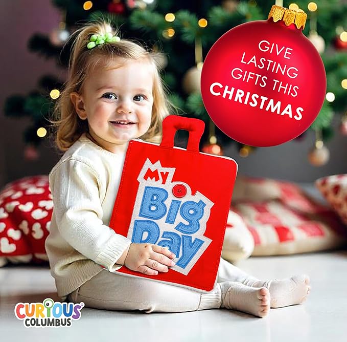 Curious Columbus Quiet Book for Toddlers – Large Fabric Montessori Activity Book with 10 Pages for Learning and Quiet Play, Airplane and Road Trip Travel Toy