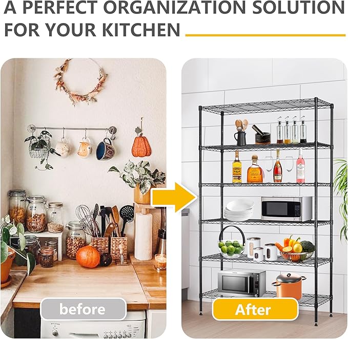 16''Lx42''Wx72''H 6 Shelf Wire Shelving Unit Heavy Duty Metal Storage Shelves NSF Wire Shelf Organizer Black Height Adjustable Utility Steel Commercial Grade Layer Shelf Rack 1500 LBS Capacity