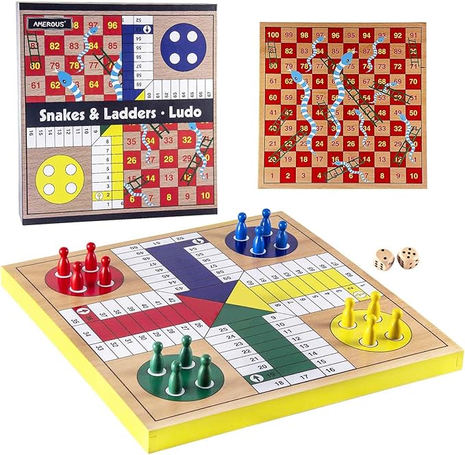 AMEROUS 12 inches Wooden Ludo Board Game - Snakes and Ladders, 2 in 1 Reversible, 1-4 Players Family Dice Games Set for Kids, Adults, Classics Tabletop Version (Gift Box Packed)