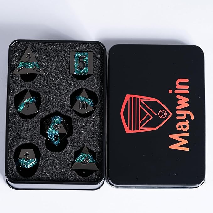 Metal RPG Dice Set,DND Polyhedral Dice Set 7pcs,Metallic Glitter Large Stripe Dice Set for Dungeons and Dragons Role Playing Games(Black Nickel Dark Green)