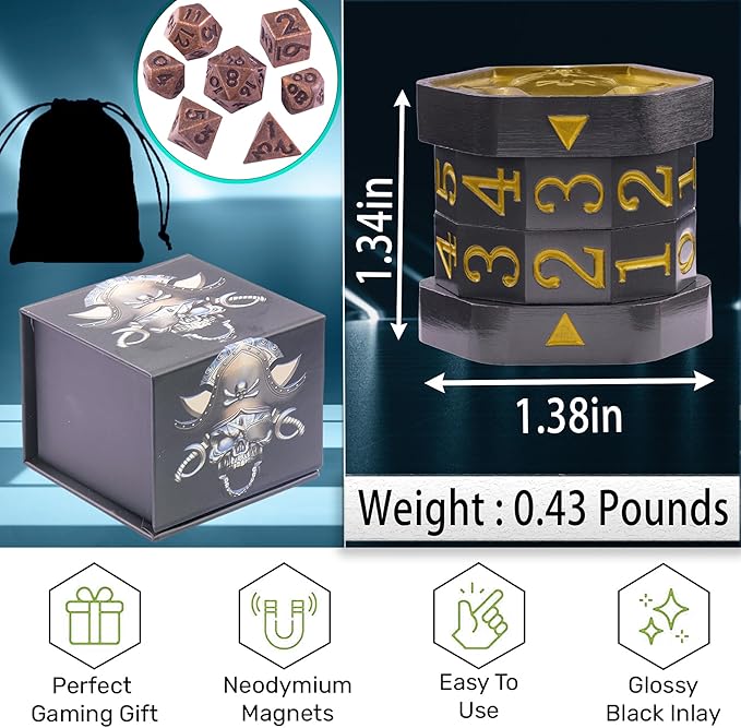 MTG Life Counter Wheel Metal Life Counter MTG Tracker, Mini Dice Set, Gift Box Packaging for Cards, MTGs Compatible Board Games, DND Game Accessories (Black Nickel_Gold)