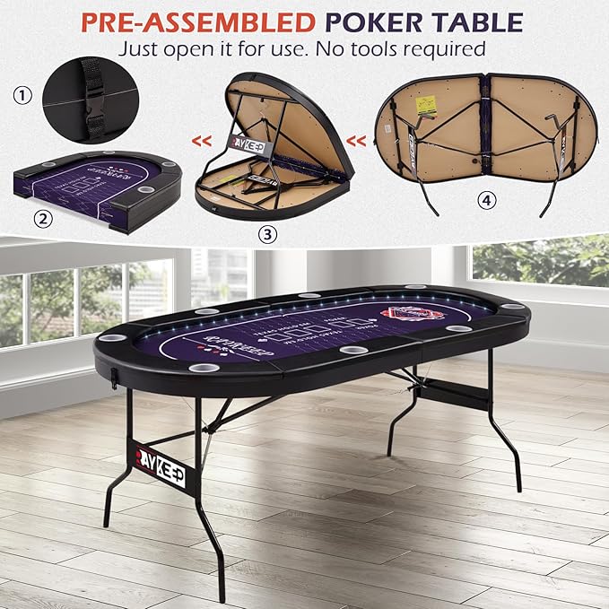71" LED Poker Table - 8 Player Foldable Texas Hold'em Table with Built-in LED Lights, Padded Rails & 8 Cup Holders, Portable Casino Card Table for Home Game Room & Parties