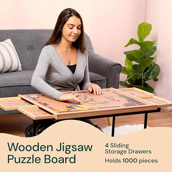 PlayVibe 1500 Piece Rotating Puzzle Board with Drawers and Cover - Sturdy Jigsaw Puzzle Table with 6 Drawers 26" x 35" - Portable Puzzles Boards with Lazy Susan, Wooden, Spinning Puzzles Accessories