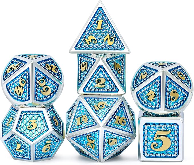 DNDND Dragon Skin Metal Dice Set, 7 PCS Metallic D&D Die with Metal Tin for DND Game (Azure with Silver Edge)