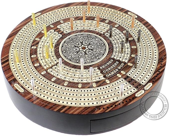 10" Round Shape 4 Tracks Continuous Cribbage Board - Rosewood/Maple - Push Drawer with Score Marking Fields for Skunks, Corners & Won Games