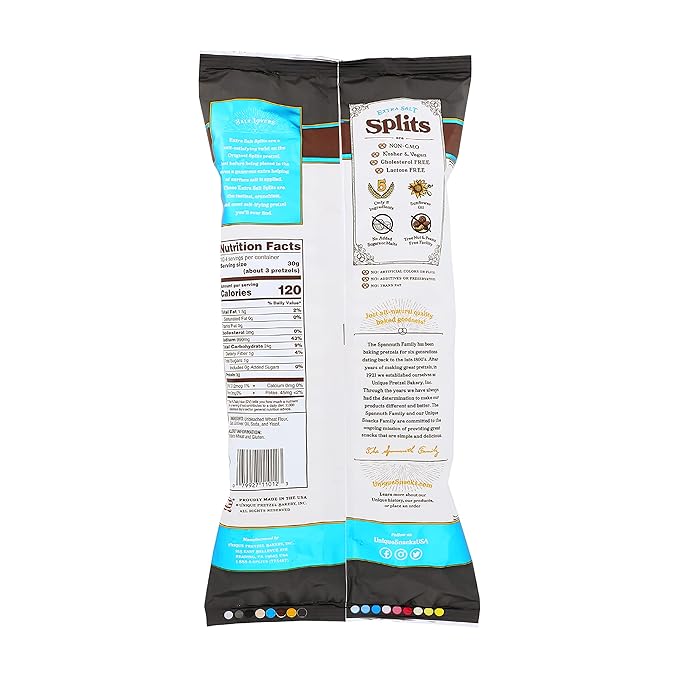 Unique Snacks Extra Salt Splits Pretzels, Original Split-Open Pretzels, Delicious Homestyle Baked Snack Bag, OU Kosher, and Non-GMO Food, No Artificial Flavor, 11 Oz. Bag, Pack of 6