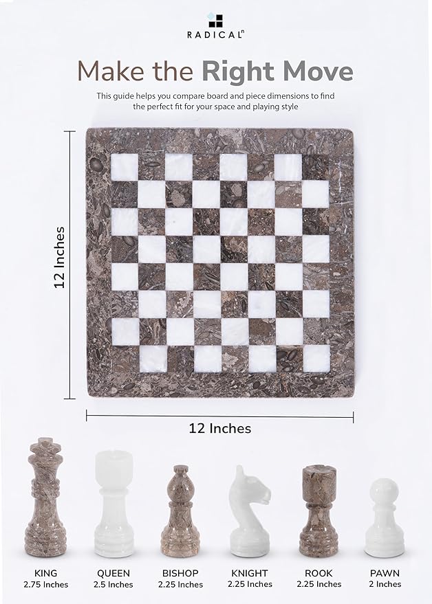 Radicaln Marble Chess Set 12 Inches Grey Oceanic and White Handmade Chess Sets for Adults - Travel Board Game for 2 Player Games - 1 Chess Board & 32 Chess Pieces - Chess Game
