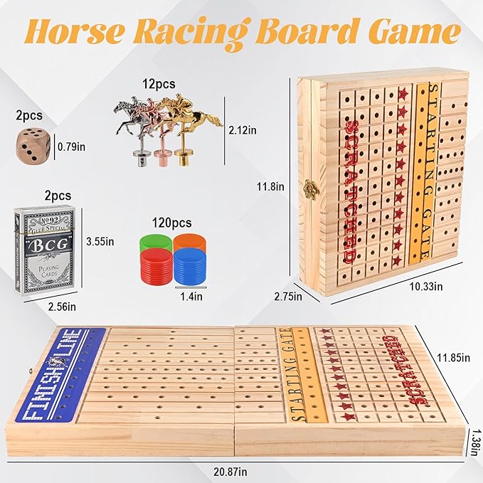 21 inches Horse Racing Game, Horse Race Board Game with 11 Metal Horses, Wood Folding Board Game with 120PCS Chips, 2 Dice and 2 Decks of Cards,for Friends Adults Family Party Game Night