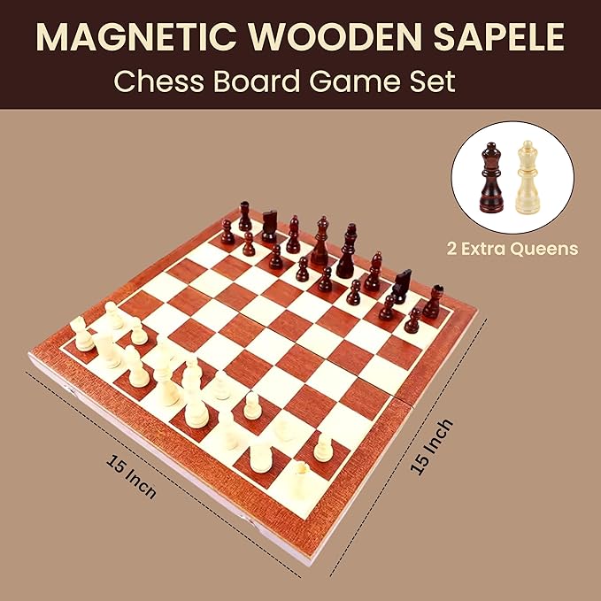 AS Chess Board for Adult | Wooden Walnut Chess & Checkers Set - Chess Board Game | Foldable -15 Inch - 2 Extra Queens | Magnetic Chess Game with Storage Slot | Travel Unique Portable (Sapele 15 inch)