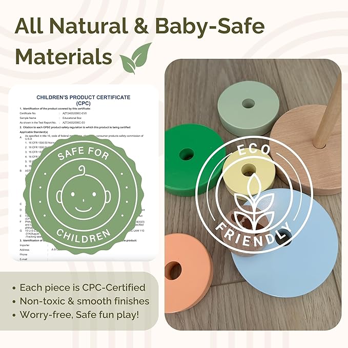 Jackie & Vancie Montessori Toy Set for Babies 7 to 12 Months, Sensory Playkit 6 in 1 Wooden Learning Toys with Object Permanence, Rainbow Stacker, Mirror Puzzle, Sensory Blocks, Egg & Cup, Wooden Book