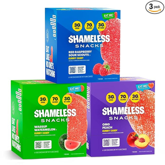 Shameless Snacks Fan Favorites Bundle Healthy Low Carb Keto Gummies Red Raspberry, Watermelon and Sour Peach