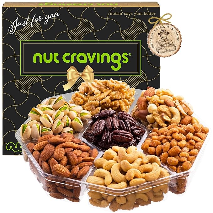 NUT CRAVINGS - Mixed Nuts Gift Basket in Black Gold Box (7 Assortments, 2 LB) Food Arrangement, Healthy Snack Care Package, Kosher