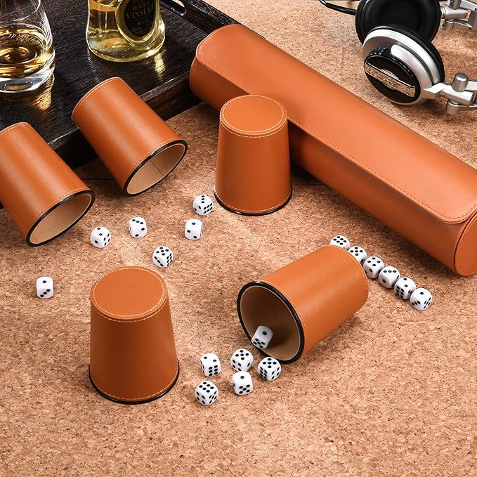 Leather Dice Cup Set, 5 Black Dice Cups + 25 Dices + Exclusive Storage and Transport Case Made of Faux Leather (Orange)