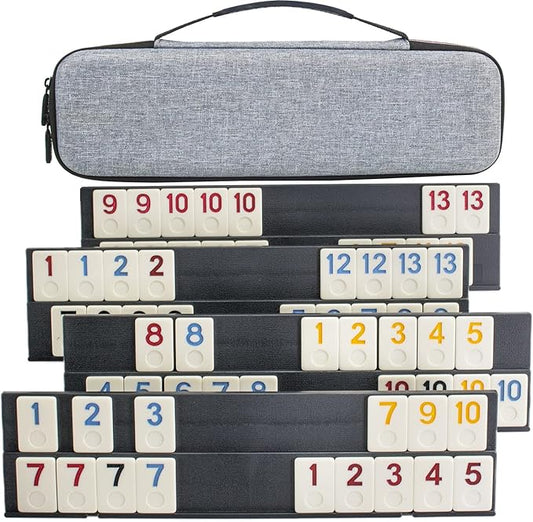 Rummy Tiles Game, Rummy Cube Travel Game Set Outlasting Color with 4 Anti-Skid Rack & Convenient EVA Hard Case