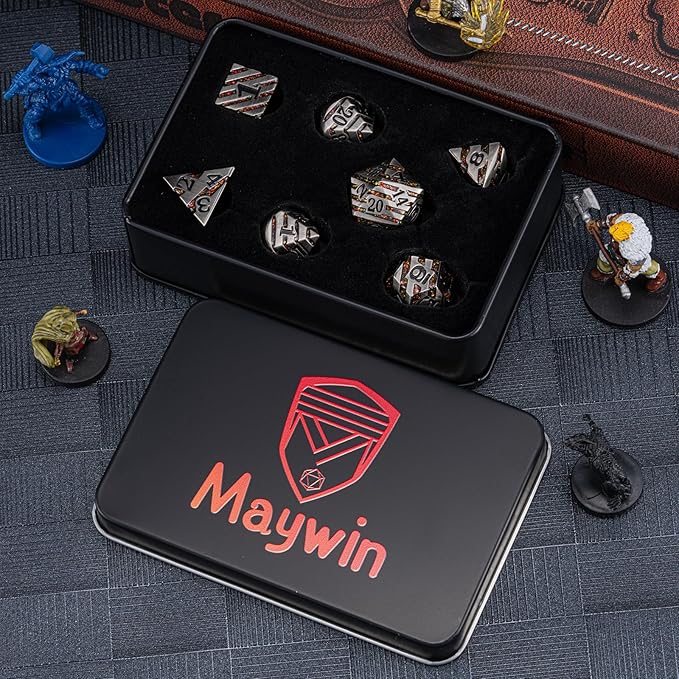 Anitque Metal Dice D&D,Metal Glitter Stripe Dice 7pcs Set with Gift Case,Polyhedral Dice for Role Playing Game (Antique Nickel Red)