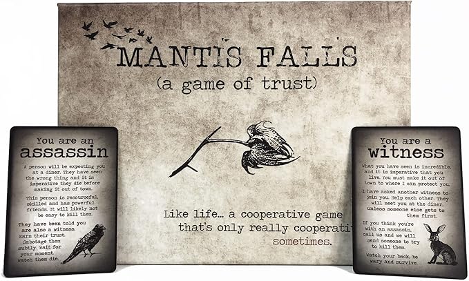 Mantis Falls Board Game | Hidden Traitor Strategy Card Game for 2-3 Players | Sometimes Cooperative Adventure Game for Adults and Teens | Ages 14+ | Playtime 60-90 Minutes | by Distant Rabbit Games