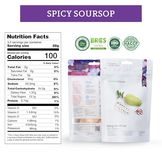 Vinamit Soft Dried Spicy Soursop | 3.5 oz Bag | Spicy Tropical Fruit Snack | Vegan, Gluten-Free, No-GMO | High in Fiber | Ideal for Travel & Healthy Snacking