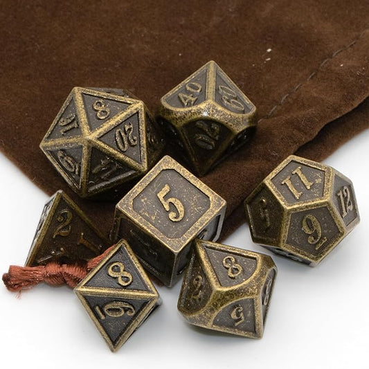 Metal Dice Set, HNCCESG Polyhedral D&D Dice for Dungeons and Dragons RPG DND Dice for Role Playing MTG Tabletop Gaming Shadowrun Pathfinder 7PCS D20 D12 D10 D8 D6 D4(Antique Bronze)