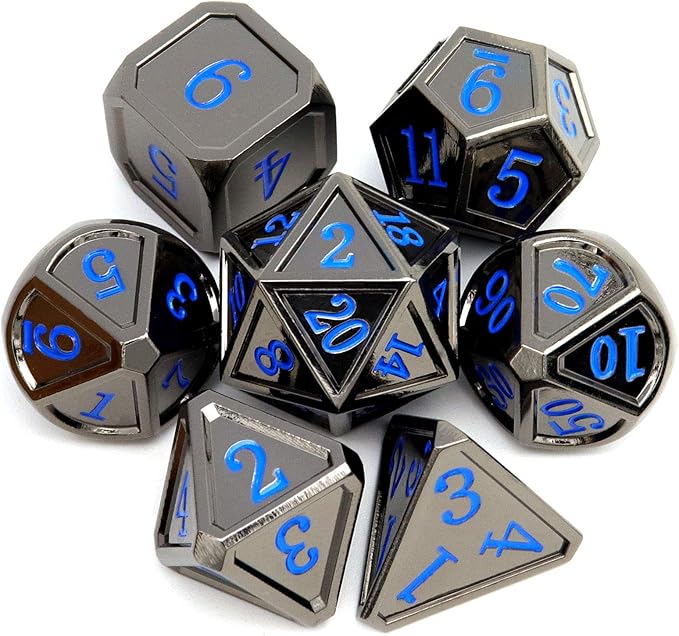 Haxtec Black Metal DND Dice Set D&D W/Gift Metal Case Polyhedral Dice for Dungeons and Dragons TTRPG-Black Blue Numbers
