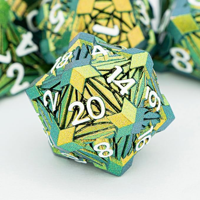 7PCS Metal DND Dice Set with Box, Debris RPG Green Yellow D and D Dice for use with D&D Tabletop Games Role Playing Game Polyhedral Dice Set D20 D12 D10 D8 D6 D4
