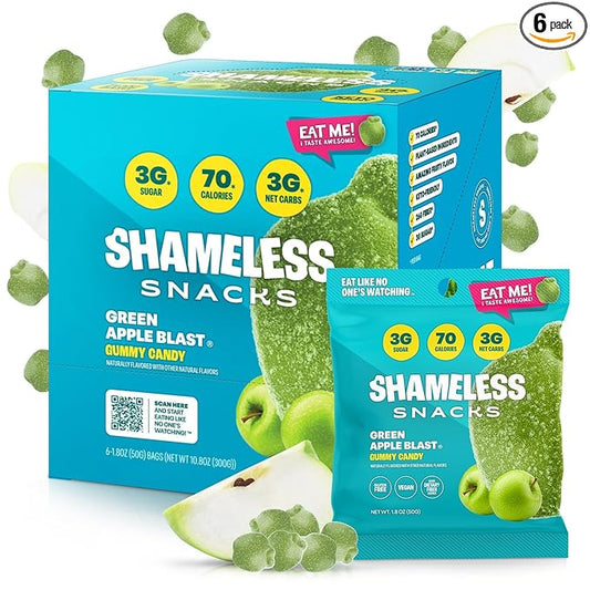 Shameless Snacks - Healthy Low Calorie Snacks, Low Carb Keto Gummies (Gluten Free Candy) - 6 Pack Green Apple Blast