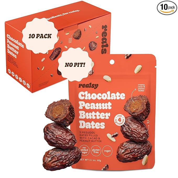 Realsy Peanut Butter Chocolate Filled Medjool Dates, Organic Dates with No Sugar Added, Gluten-Free, Vegan, Good Source of Fiber, Low Glycemic Index, All Natural Healthy Snack, (10 Pack)