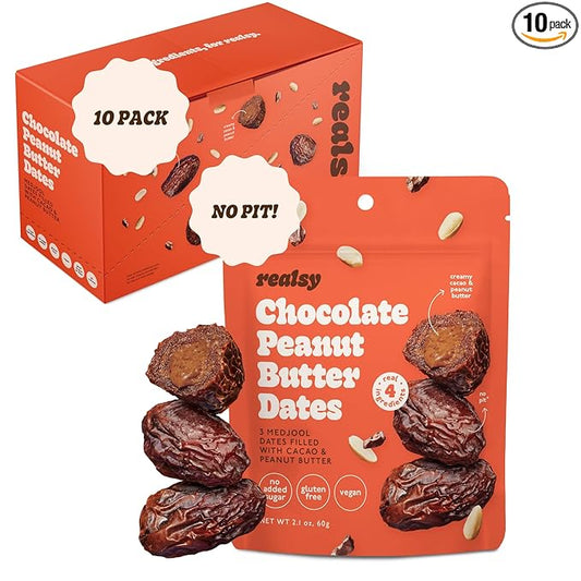 Realsy Peanut Butter Chocolate Filled Medjool Dates, Organic Dates with No Sugar Added, Gluten-Free, Vegan, Good Source of Fiber, Low Glycemic Index, All Natural Healthy Snack, (10 Pack)