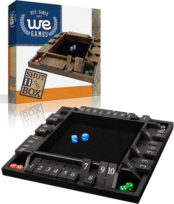 WE Games Wooden Shut The Box Game 4 Player - 10 Number Tiles & 8 Dice - Large 14-Inch, Black Stained Wood Finish