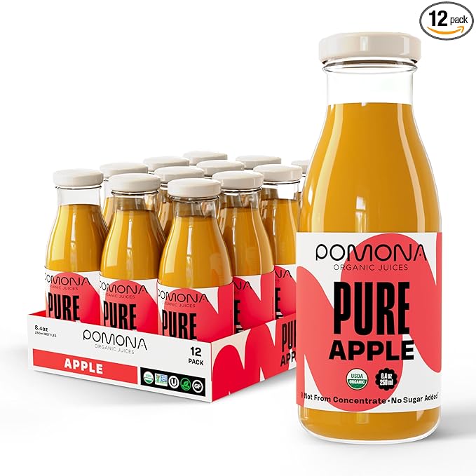 Pomona Organic Apple Juice (Pack of 12), Cold Pressed USDA Organic Juices, Apples And Lemon Juice, No Added Sugar, Not From Concentrate, Vegan, Kosher, Non GMO, Pasteurized, 8.4 Oz Glass Bottles