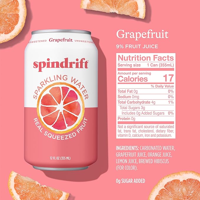 Spindrift Sparkling Water, Grapefruit Flavored, Made with Real Squeezed Fruit, (Only 15 Calories per Can), 12 Fl Oz (Pack of 24)