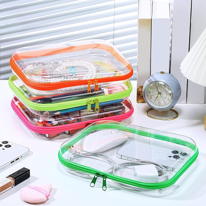 Hoolerry 4 Pcs Hard Clear Zipper Case Transparent Cases for Snacks Makeup Bag Plastic Storage Box Containers for Building Blocks, Puzzles, Cosmetics (Fluorescent,9.8 x 7.9 x 2 in)