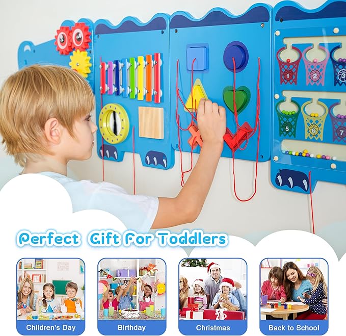 Crocodile Sensory Toys Activity Wall Panels, Educational Montessori Busy Board for Toddlers, Activity Cube - Sensory Wall, Wooden Learning Toys, Interactive Toy, Blue