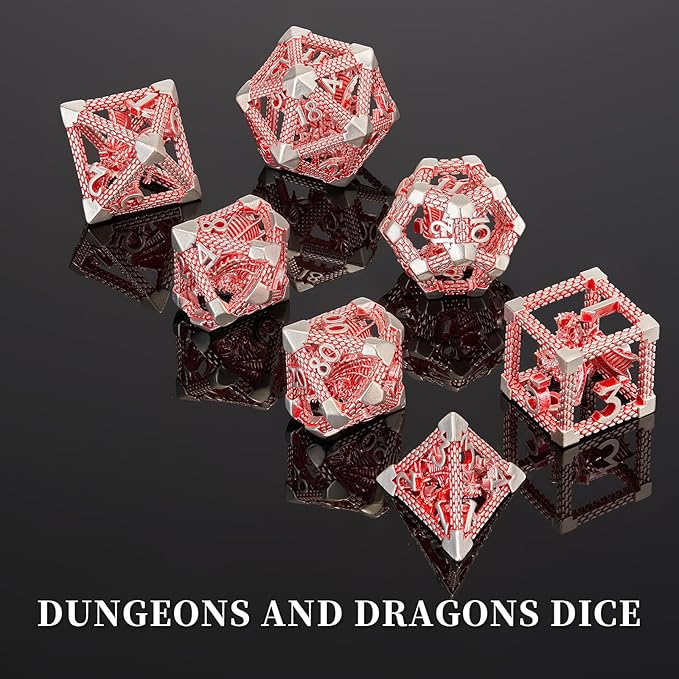 Dragon DND Dice, D&D Hollow Metal Polyhedral Dice Set for Dungeons and Dragons Dice RPG MTG Table Board Games (Red White Dragon)