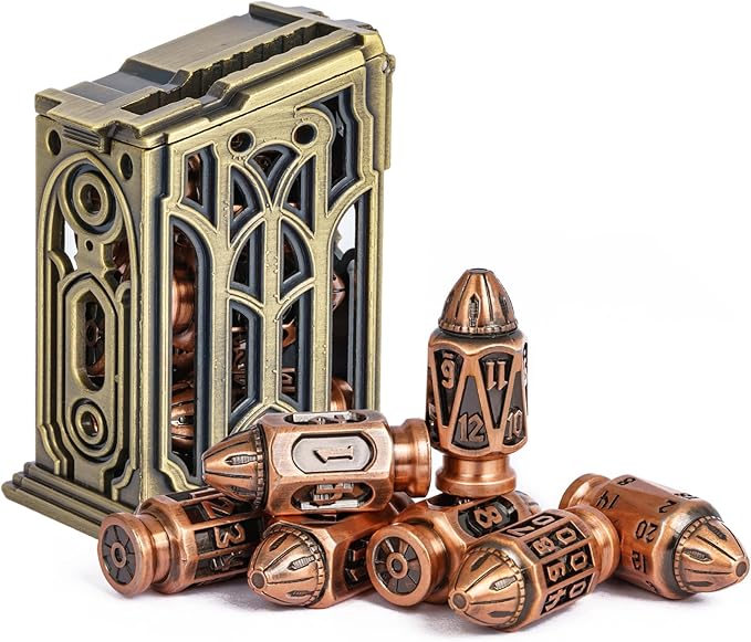 UDIXI Metal DND Bullet Dice Set with Metal Container, 7-Die Polyhedral Dice Set Cyberpunk Style for D&D, Role Playing Game or Other Tabletop Games(Ancient Copper)