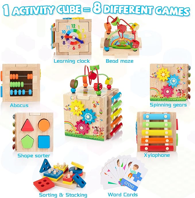 Bravmate Wooden Activity Cube, 8-in-1 Wooden Montessori Learning Toys for 18 M+ Toddlers, One Year Old First Birthday Gift, Baby Toy Set with Bonus Sorting & Stacking Board