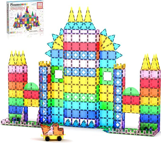 PicassoTiles 152PC Magnetic Tiles Mirror Theme Building Blocks Magnet Toys Construction Sensory Toy Set with Car for STEM Educational Playset Kid Brain Development Gifts for Kids Toddler Age3+ PT152
