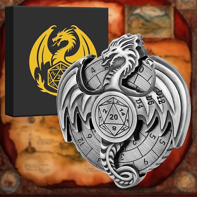 Spinner DND Dice Set, 7-in-1 Dragon Metallic D&D Dice, Dragon Roulette Dice Spinner for DND Dice Set, D&D Gifts with Gift Box, Role Playing Game Board Game Accessories, Silver