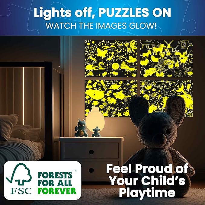 QUOKKA 4x60 Piece Puzzles for Kids Ages 4-6 – Glow-in-The-Dark Puzzles for Kids 4-8 I Farm Bugs Tropical & Ocean Animals I Fun Educational Toddler Puzzle for Boys & Girls – Educational Game Toys Gift