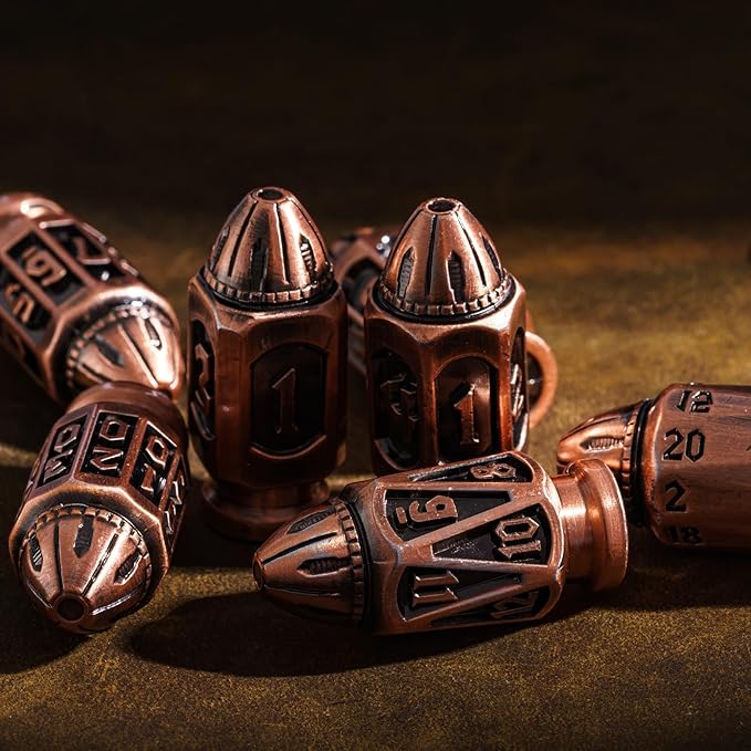 UDIXI Metal DND Bullet Dice Set with Metal Container, 7-Die Polyhedral Dice Set Cyberpunk Style for D&D, Role Playing Game or Other Tabletop Games(Ancient Copper)