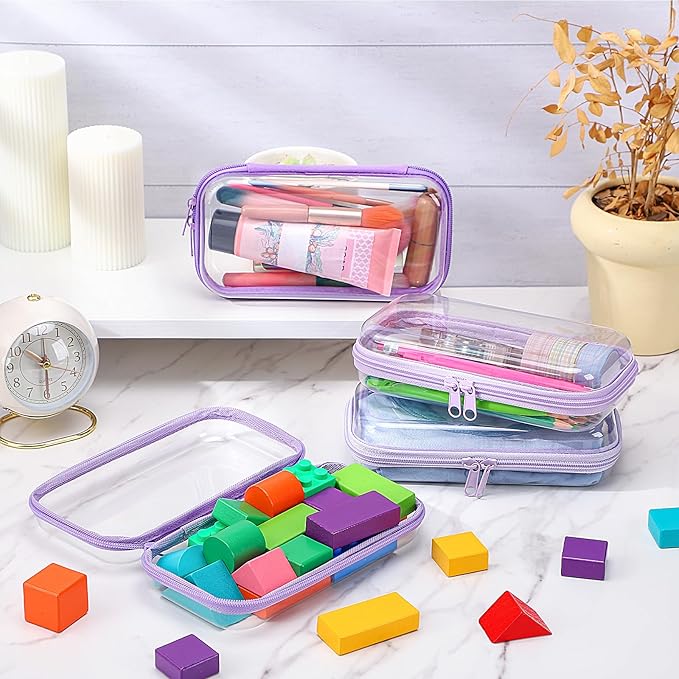 Hoolerry 4 Pcs Hard Clear Zipper Case Transparent Cases for Snacks Makeup Bag Plastic Storage Box Containers for Building Blocks, Puzzles, Cosmetics(Purple,7.5 x 3.9 x 2 in)