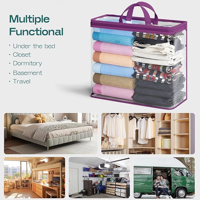 10PACK Clear Zippered Storage Bags for Clothes, 22L Clear Storage Bag, and Blanket Storage Bags for Bedding, Linen, Blankets, Comforters, Clothing & Toys (Purple)