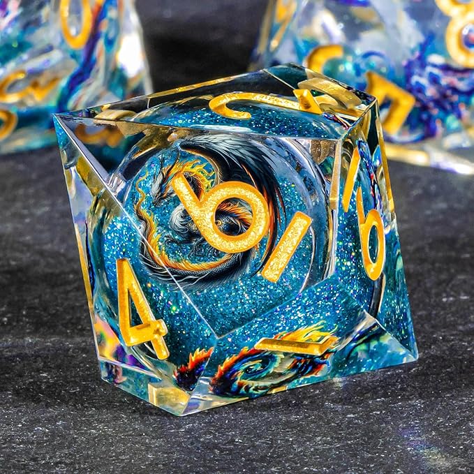 OUKELANWO Liquid Core Dragons Stickers DND Dice Set D&D, 7Pcs Dungeons D and D Role Playing Dice with Gift Box, Resin Sharp Edge Dice D20 D12 D10 D8 D6 D4, Blue Gold