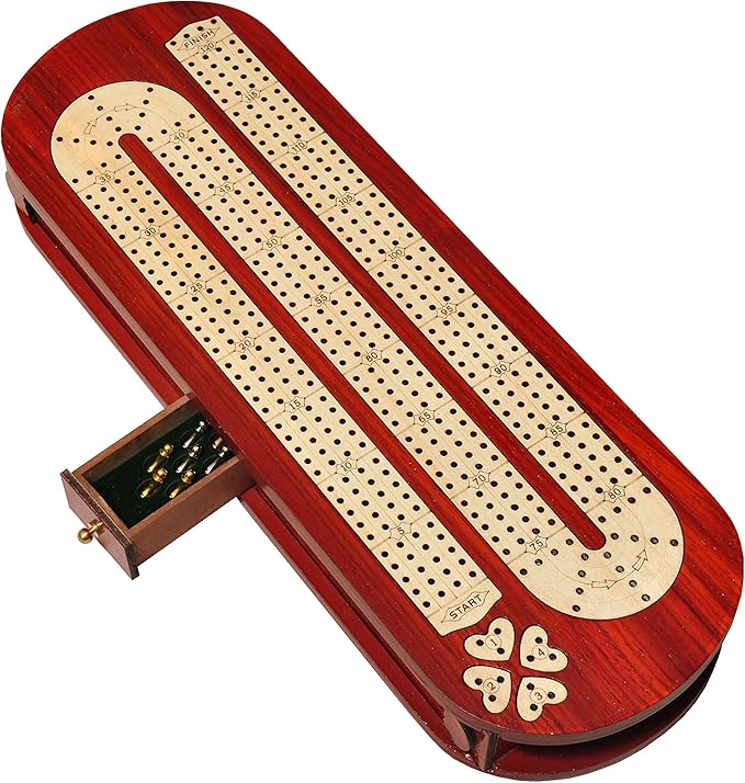 PALM ROYAL HANDICRAFTS 4 Track Wooden Cribbage Board Set Inlaid in Blood Wood and Maple Wood with pegs and Cards Storage Available. 4 Player Cribbage Board (15 x 5 Inches)