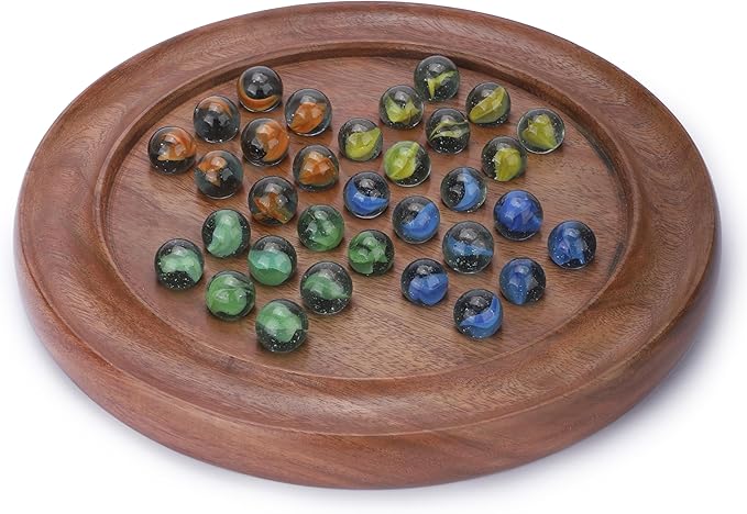 Ajuny Classic Solitaire - Handcrafted Wooden Board Game with 4-Color Marbles, Vintage Indian Design - Ideal for Family Fun & Home Decor