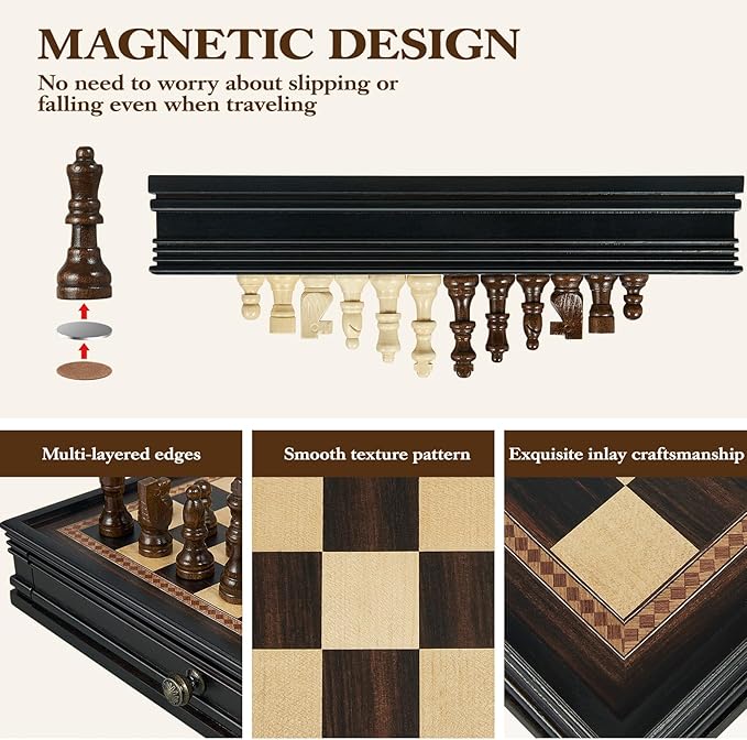 12.5’’ Wooden Chess Set, Magnetic Chess Pieces with 2 Built-in Storage Drawers - Chess Broad Game for Beginner, Kids, Adults - 2 Bonus Extra Queens