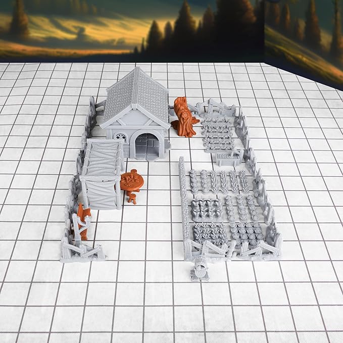 47pcs Village Yard Terrain Set for DND and Tabletop Games, 28mm Miniatures, 3D Printed Plastic
