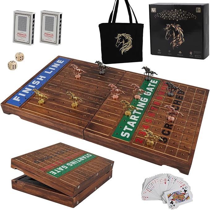 Wooden Finish Line Horse Racing Board Game Equipped with 11 Luxury Metal Craft Horses Adult Chessboard Including 2 Dice and 2 Boxes of Cards Folding Box Game Board(Flame)