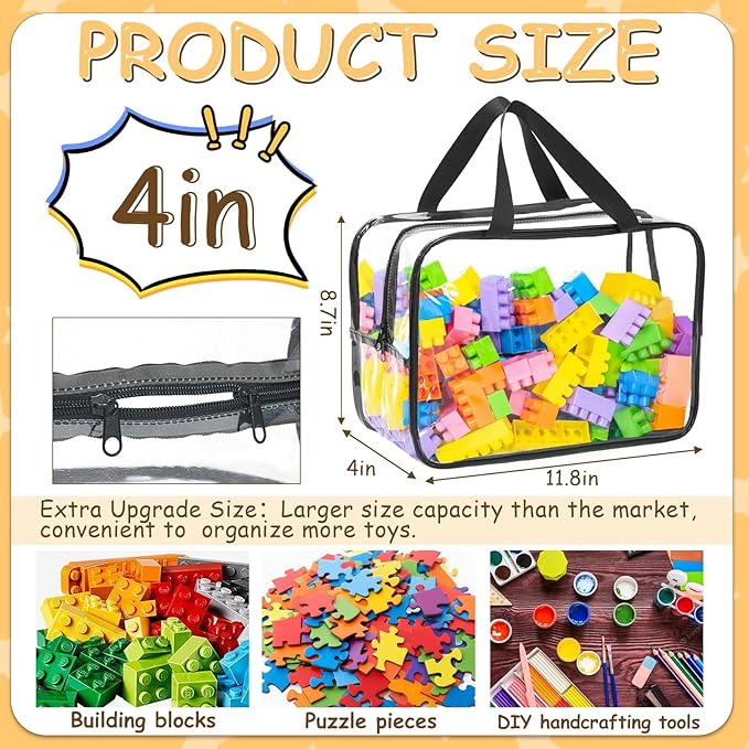 4 Packs Large Toy Storage Bags, Dual Zippers and Portable Handheld Design, Clear Waterproof Toy Organizer Bags with Labels, Board Game Storage