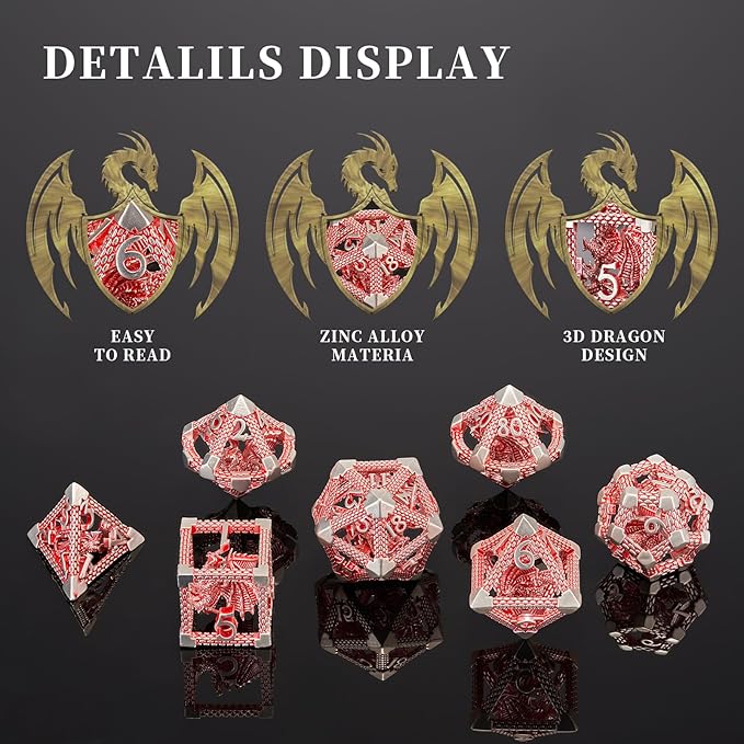 Dragon DND Dice, D&D Hollow Metal Polyhedral Dice Set for Dungeons and Dragons Dice RPG MTG Table Board Games (Red White Dragon)